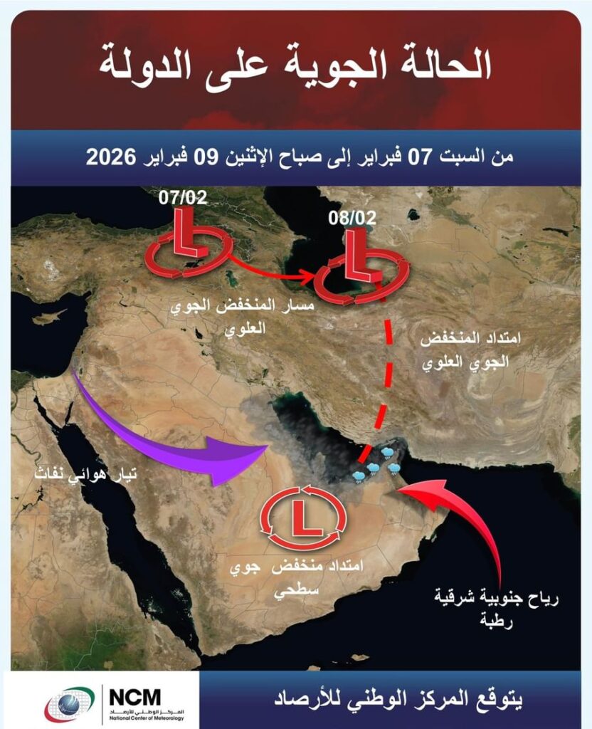 الوطني-للأرصاد:-منخفضات-جوية-ضعيفة-وأمطار-متفرقة-على-الدولة-حتى-9-فبراير