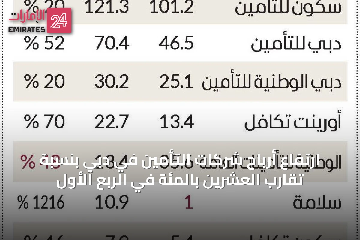 ارتفاع أرباح شركات التأمين في دبي بنسبة تقارب العشرين بالمئة في الربع الأول