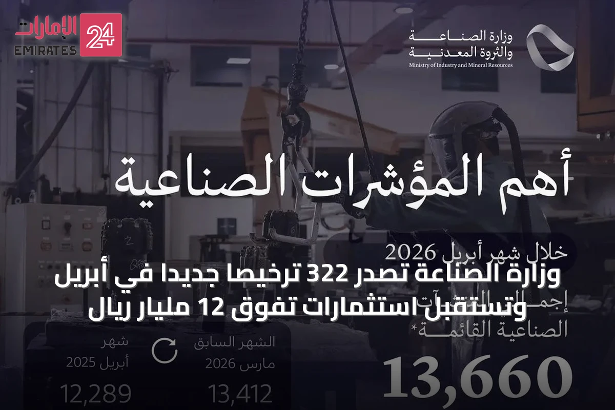 وزارة الصناعة تصدر 322 ترخيصًا جديدًا في أبريل وتستقبل استثمارات تفوق 12 مليار ريال